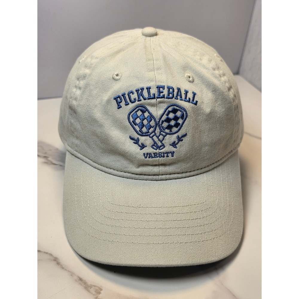 Pickleball Varsity Baseball Cap Almond Beige Blue Embroidery Adjustable Hat OSFM